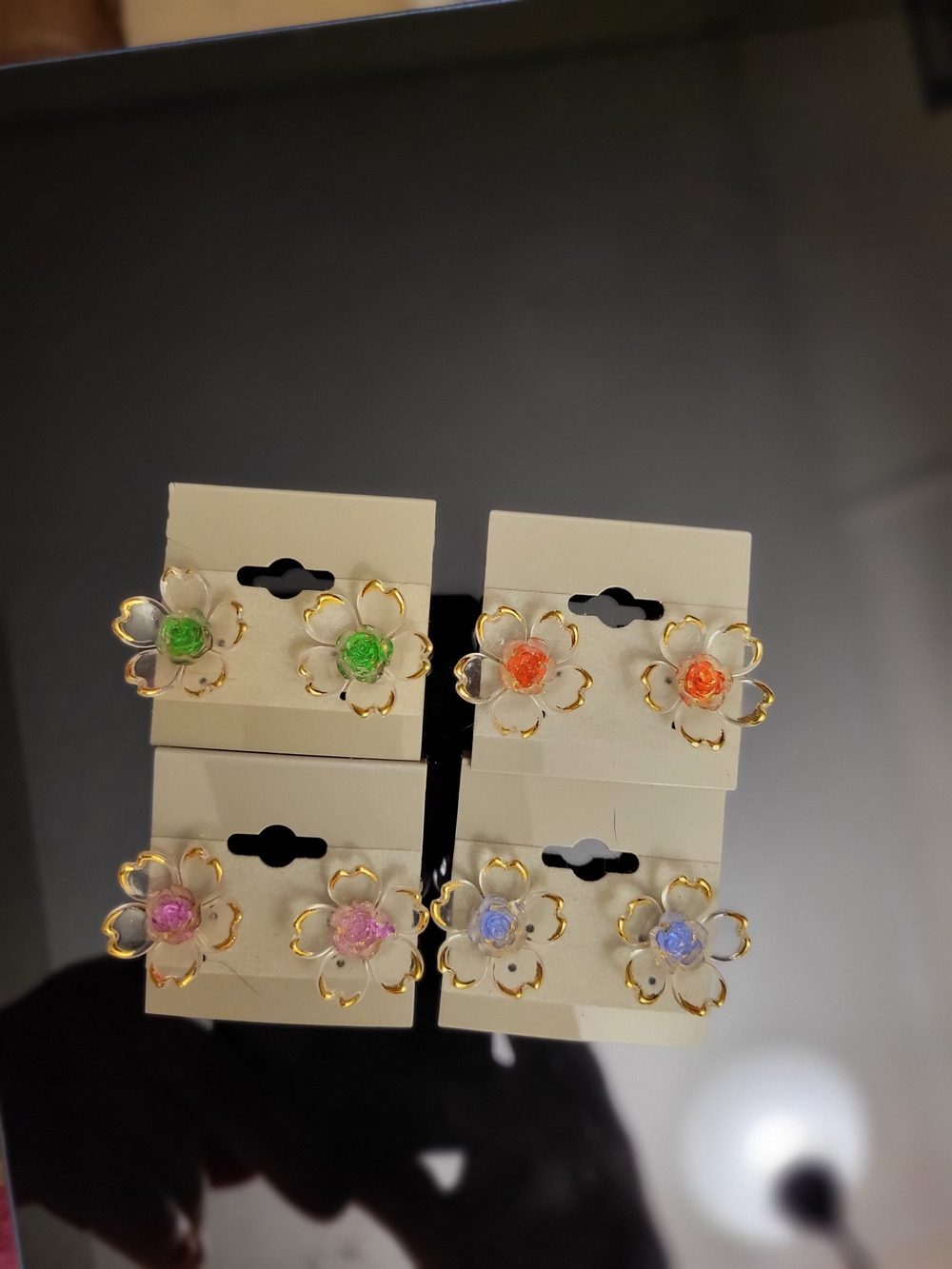 Gold-Trim 4ct Floral Stud Earrings in Green, Orange, Pink, and Blue